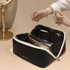 Prite Makeup Bag for Women Travel Waterproof Vegan Leather Cosmetic Bag Open Flat Toiletry Bag With Clear Divider and Handle (Large Black)