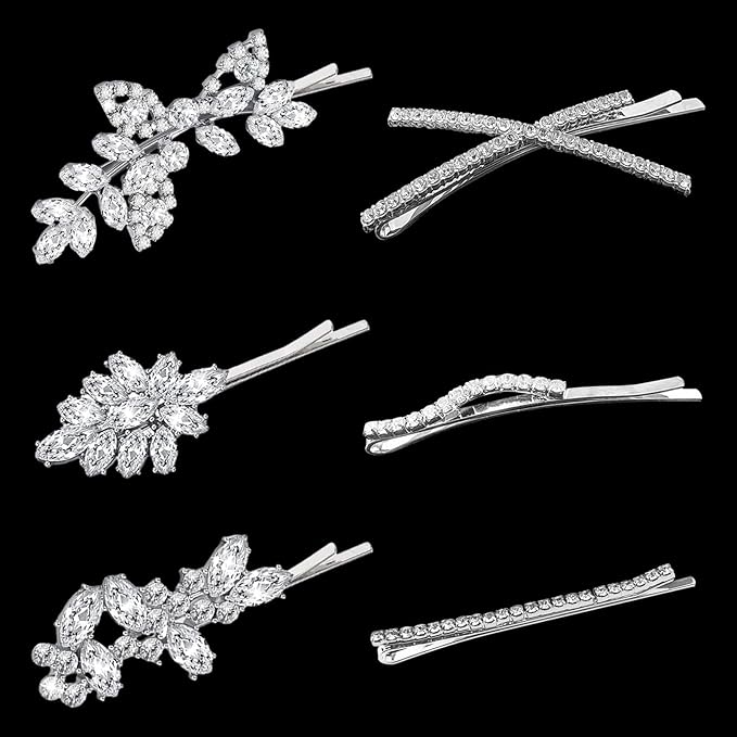6 Pieces Delicate Bridal Hair Clips, Rhinestone Leaf Wedding Hair Pins, Crystal Bobby Pins, Silver Elegant Hairpins Jewelry Accessories Barrette for Brides Bridesmaids Flower Girls