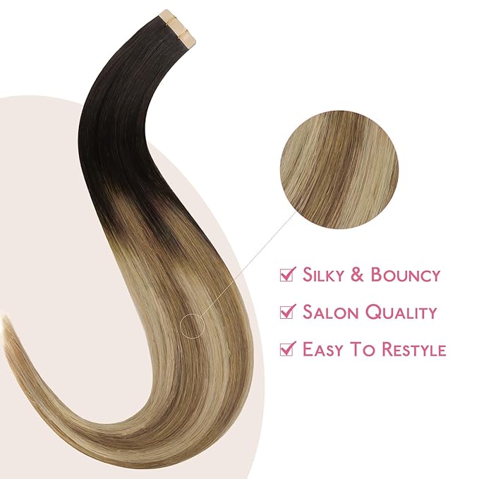 WENNALIFE Tape in Hair Extensions Human Hair Dark Brown to Chestnut Brown and Dirty Blonde Highlighted Tape in Extensions, 10pcs 25g 18 inch Remy Invisible Tape Ins Straight Colored Soft Refill Set
