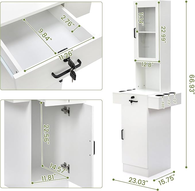 Salon Station for Hair Stylist,Hair Styling Storage Cabinet with Glass Door,Tool Dryer Holders, Salon Beauty Spa Barber Hair Staion, White