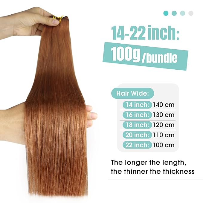 YoungSee Sew in Hair Extensions Real Human Hair Copper Human Hair Weft Extensions Light Copper Sew in Bundles Human Hair for Women 20Inch 100g