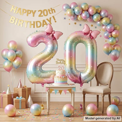 40" Giant Pastel Rainbow Number 20 Balloon Foil Pink Bow Decor Kit | - Image 3