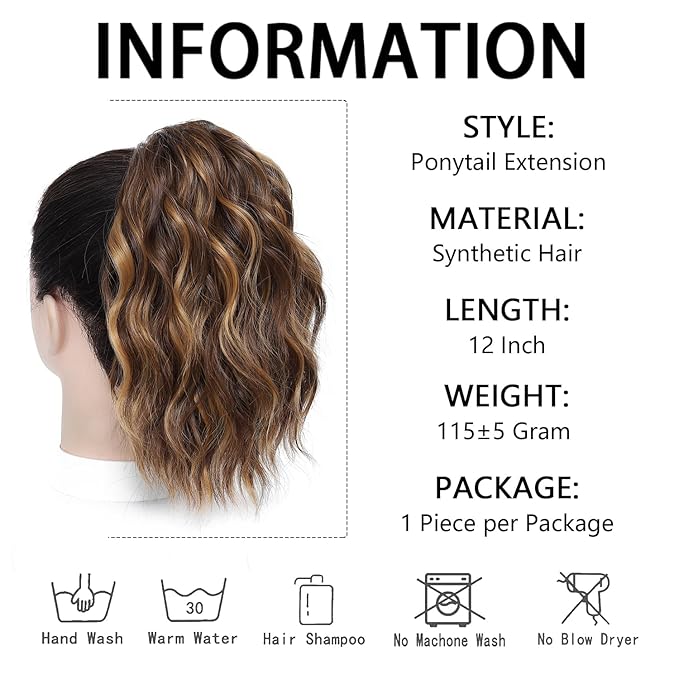 Ponytail Extension-12 Inch Drawstring Ponytail Hair Extensions for Women Synthetic Curly Wavy Fake Pony Tails Hair Pieces for Daily Party Use (Chestnut Brown Mix Golden Highlights)