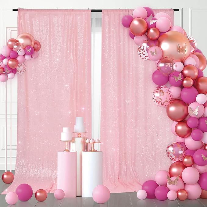 PartyDelight Pink Sequin Backdrop Curtains 5x10ft 2 Sparkly Panels | 4 Inch Rod - Image 3