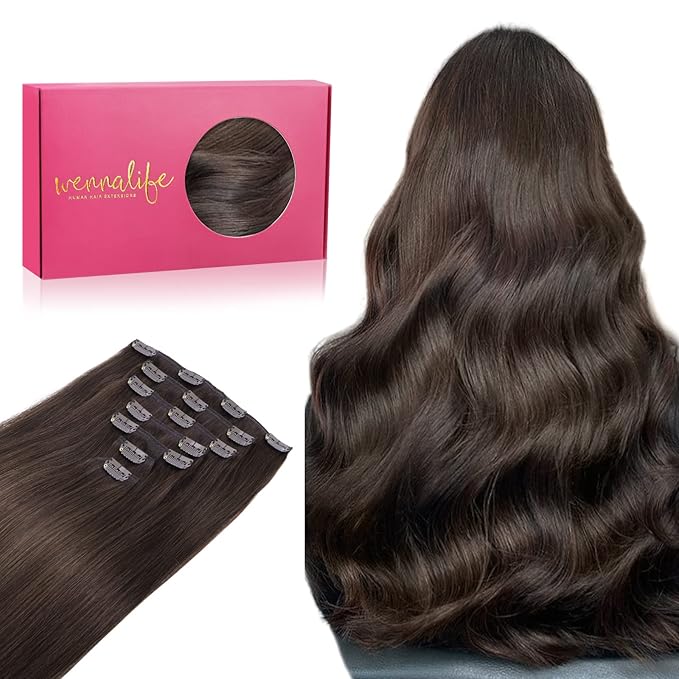 WENNALIFE Clip in Hair Extensions Real Human Hair, 22 Inch 120g 7pcs Light Dark Brown Hair Extensions Clip Ins Human Hair Remy Real Human Hair Double Weft