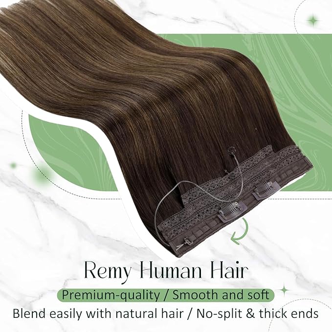 RUNATURE Wire Hair Extensions Real Human Hair 20 Inch 100g Thick Human Hair Extensions Balayage, Transparent Fish Line Extensions, Straight Smooth Natural Hair, Add Hair Volume #2/2/6
