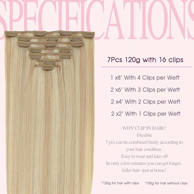 PINKPEARL Clip in Hair Extensions #27P60 Caramel Blonde Highlighted Platinum Blonde 120g 7pcs 16 Inch Clip in Hair Extensions Real Human Hair Hair Extension Clip Ins(#27P60-16)