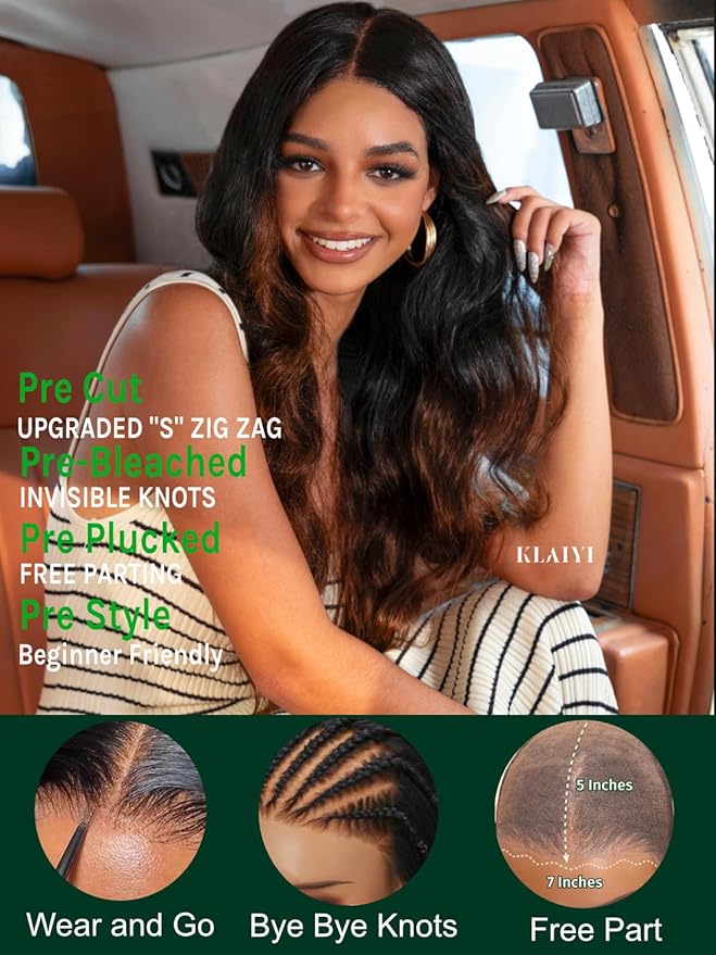 KLAIYI Ombre Brown Body Wave Bye Bye Knots Glueless Wig Pre Cut Lace Front Wigs Human Hair Chestnut Brown Loose Wave Pre Bleached Pre Plucked Wear and Go Wig with Dark Roots 30S Ready to Go Wig 24Inch