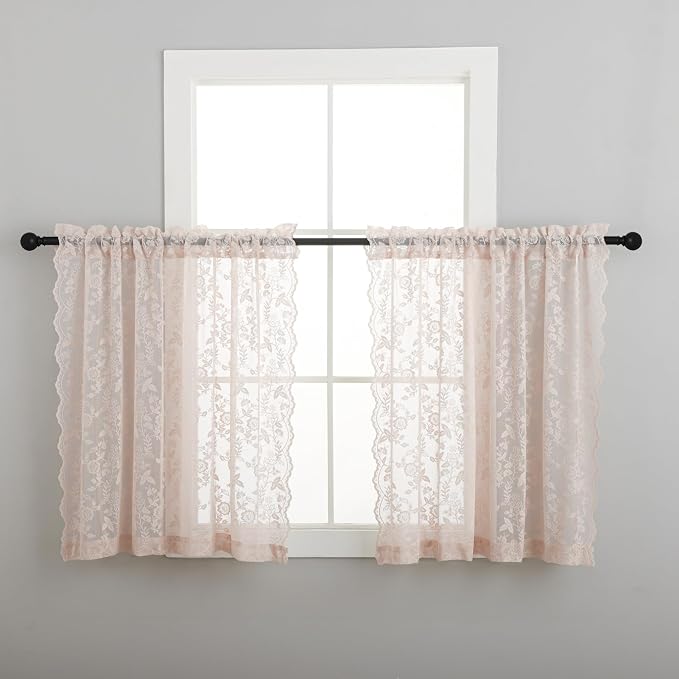 Short Blush Lace Curtains Rustic Leaf Floral W42 x L45 Inch 2 Panels | Rod - Image 9