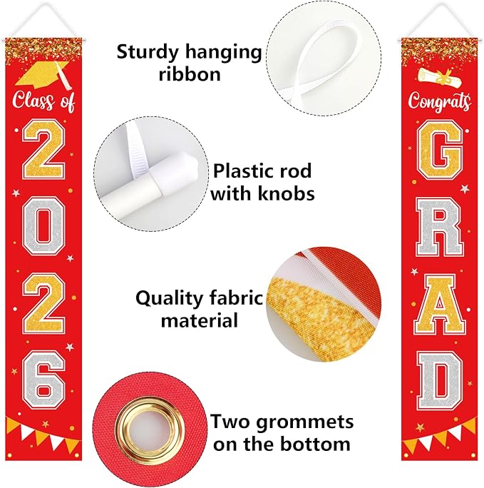 Graduation Decorations 2026 GRAD Banner Red Porch Door Sign Welcome Banner - Image 3