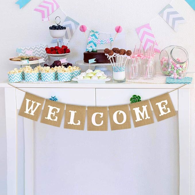 Rainlemon Vintage Rustic Jute Burlap Welcome Banner Home Fireplace Mantel - Image 5