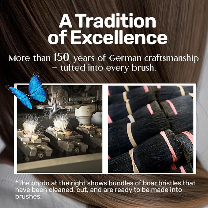 100% Wild Boar Bristle Hairbrush for Natural Healthy Hair, Medium Soft Tibet Bristles, Pear Wood Handle, Wooden Hair Brush for Fine or Thinning Hair, for Women & Men, Made in Germany's Black Forest