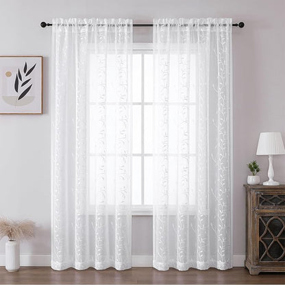 White Sheer Curtains Leaf Embroidery Linen 96 Inches Long | Light Filtering - Image 2