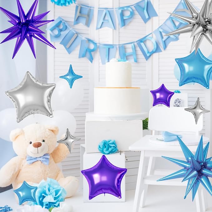Blue Purple Silver Star Balloons, 22/18/10 Inch Foil Balloons, Four-Pointed - Image 4