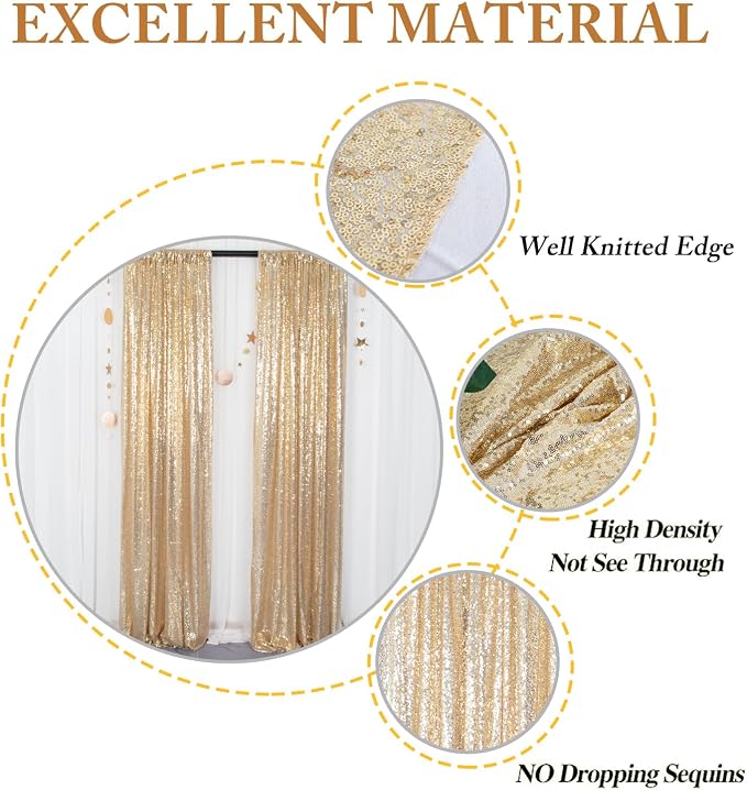 ShinyBeauty Light Gold Backdrop Sequin Curtains 4FTx7FT 2 Pieces Photograph - Image 4