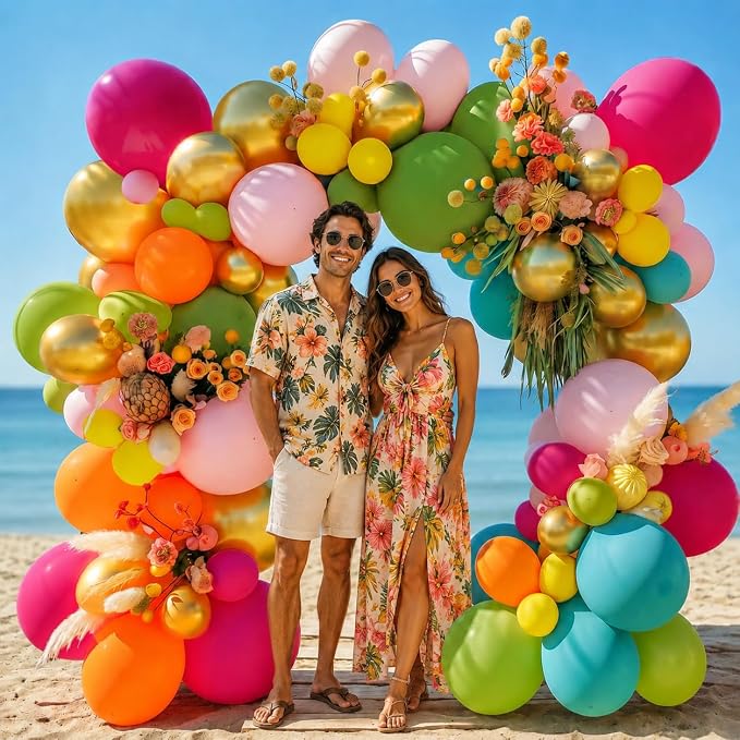 Tropical Balloons, 12 Inch Hawaiian Balloons Teal Hot Pink Orange Yellow - Image 4