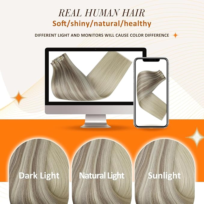 Full Shine Blonde Clip in Hair Extensions Balayage Blonde Ash Blonde Mix Platinum Blonde Human Hair Clip in Extensions 18 Inch White Clip ins Hair Extensions Ease for Use 8 Pcs 120 Grams