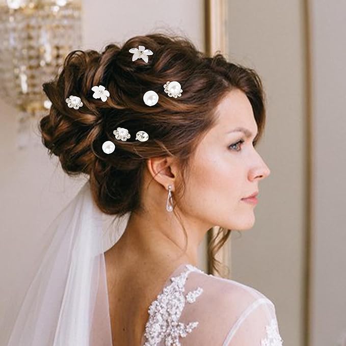 CUBACO 42 PCS Flower Wedding Hair Pins for Women Bridal Crystal Hair Jewelry Bobby Pins Rhinestone Pearl Hair Accessories Silver U Shaped Hair Pins Decorative for Brides Bridesmaids Girls