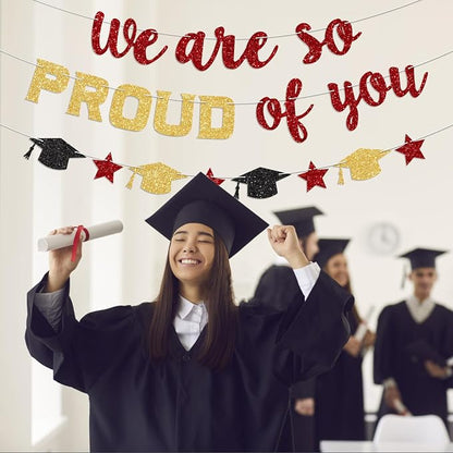 We Are So Proud of You Banner Prestrung Red and Gold Graduation Banner - Image 5