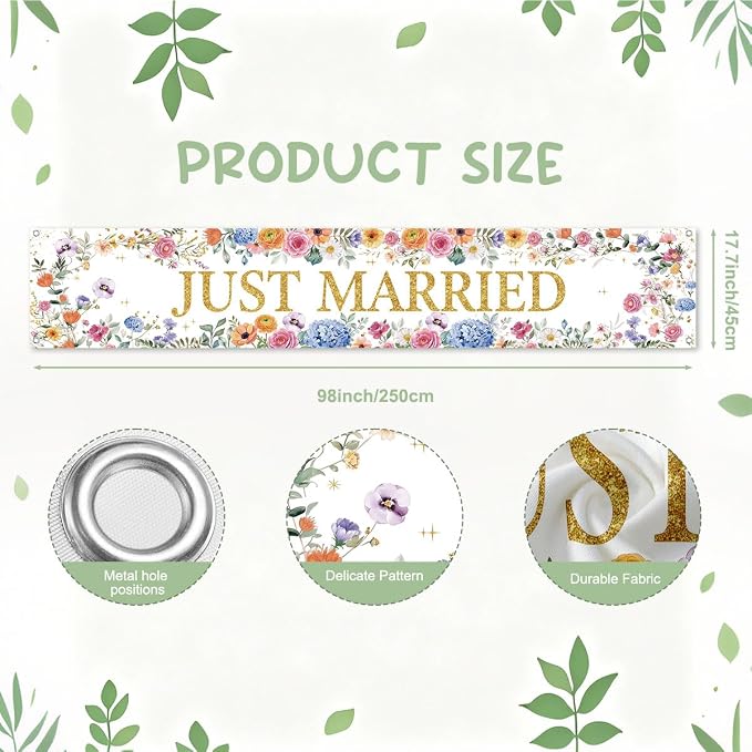 Just Married Wedding Decor Banner Decorations Party Hanging Sign | Reusable - Image 2
