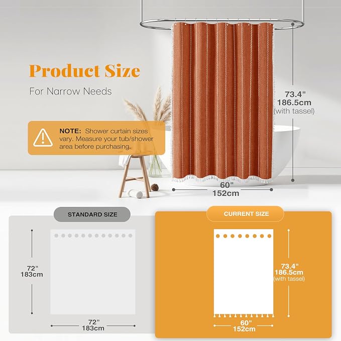 60x72 Boho Farmhouse Linen Heavy Duty Shower Curtain Set, Burnt Orange | Narrow - Image 3
