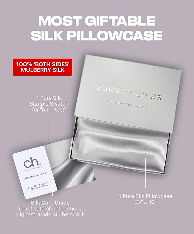 SUNDAYSILKS™ Premium Silk Pillow Cases | 100% Mulberry Silk Pillowcase with Zipper, All Sides Real 22 Momme Grade 6A Silk, Standard Queen, King Size [Silver Quartz]