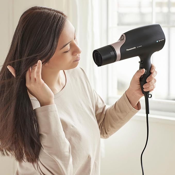 Panasonic Nanoe Salon Hair Dryer, Oscillating QuickDry Nozzle, Blow Dryer with Diffuser, Concentrator Attachments, 3 Speed Heat Settings for Styling and Healthy Hair - EH-ANA6HN (Black/ Pink Gold)