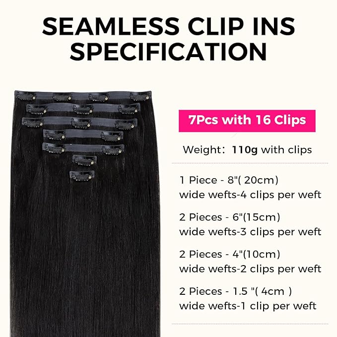 Lashey Seamless Clip in Hair Extensions Human Hair #1 Jet Black Light Yaki Straight Clip in Hair Extensions Real Human Hair 7pcs 110g 22 Inch PU Weft Natural Hair Extension for Women