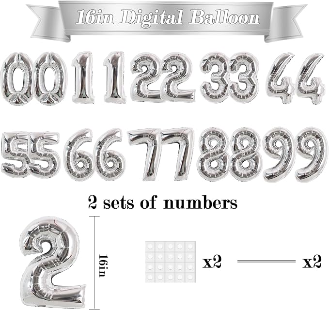 TONIFUL 20 Pcs Number Balloon 2 Set 16 Inch Fat Silver 0-9 Numbers Balloons | - Image 2
