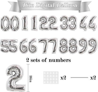 TONIFUL 20 Pcs Number Balloon 2 Set 16 Inch Fat Silver 0-9 Numbers Balloons | - Image 2