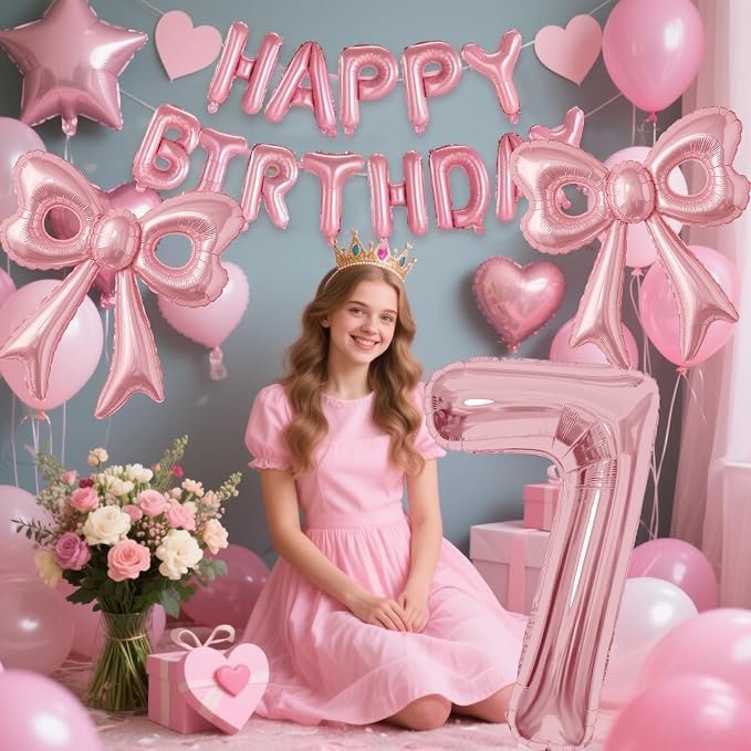 Bow Number 7 Birthday Balloons, Coquette Party Decorations Supplies - Image 3
