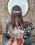 3PC Clysburtuony Bridal Hair Accessories for Women: Flower Side Hair Clips, Pearl Headpiece, Hair Pins (White Combs)