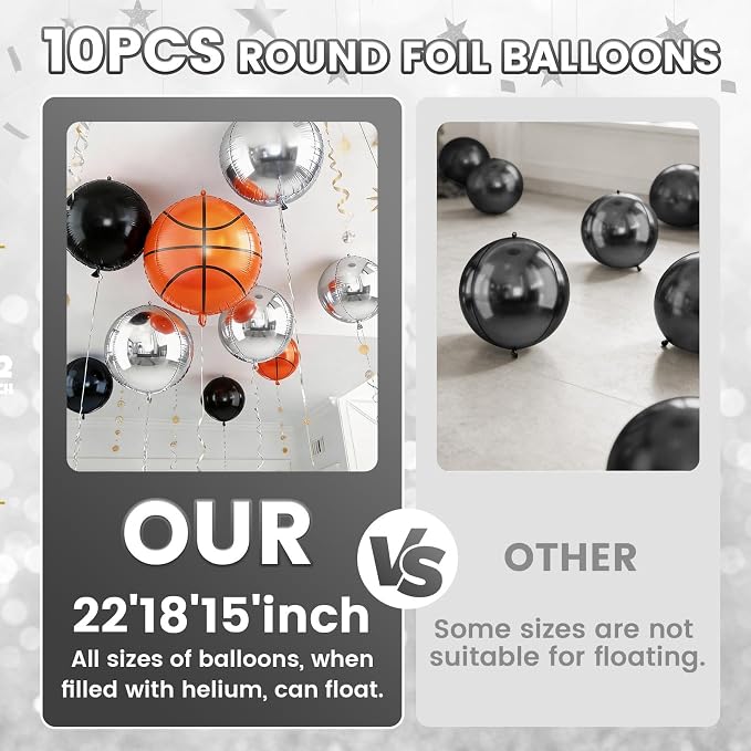 Basketball Round Foil Balloons, Basketball Black Silver Foil Baloon - Image 5