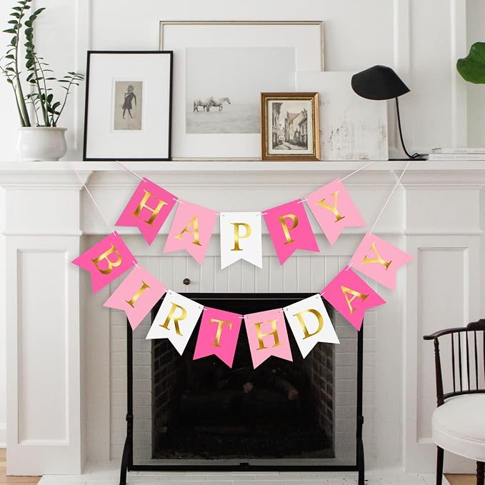 Pre-Strung Pink Happy Birthday Banner Birthday Party Banner NO DIY | Happy - Image 7