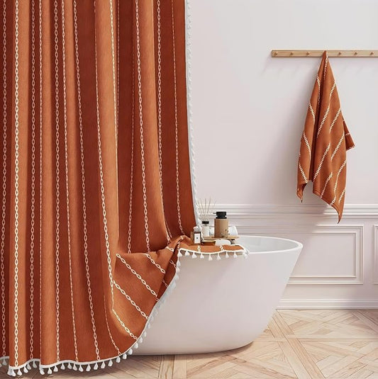 60 x 84 Boho Linen Heavy Duty Cloth Shower Curtain Set, Burnt Orange | Narrow by ShowerCurtain