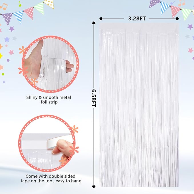 2Pack White Metallic Tinsel Foil Fringe Curtains, Fringe Backdrop - Image 2