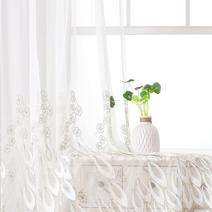 White Sheer Voile Curtains White Embossed Drip 54Wx96L Inch | Light Filtering - Image 5