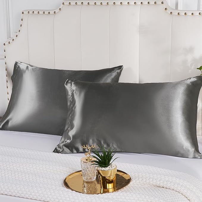 Satin Silk Pillowcase for Hair and Skin, Black Pillow Cases Standard Size Set of 4 Pack Super Soft Pillow Case with Zipper Closure (Gray, Queen(4 Pack))