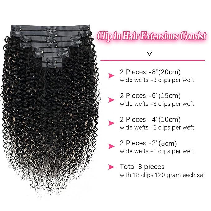 Seamless Clip In Hair Extensions Real Human Hair Invisible PU Weft Kinky Curly Clip Ins Human Hair Extensions 8pcs with 18Clips Per Set 120g(22inch,Natural Black)