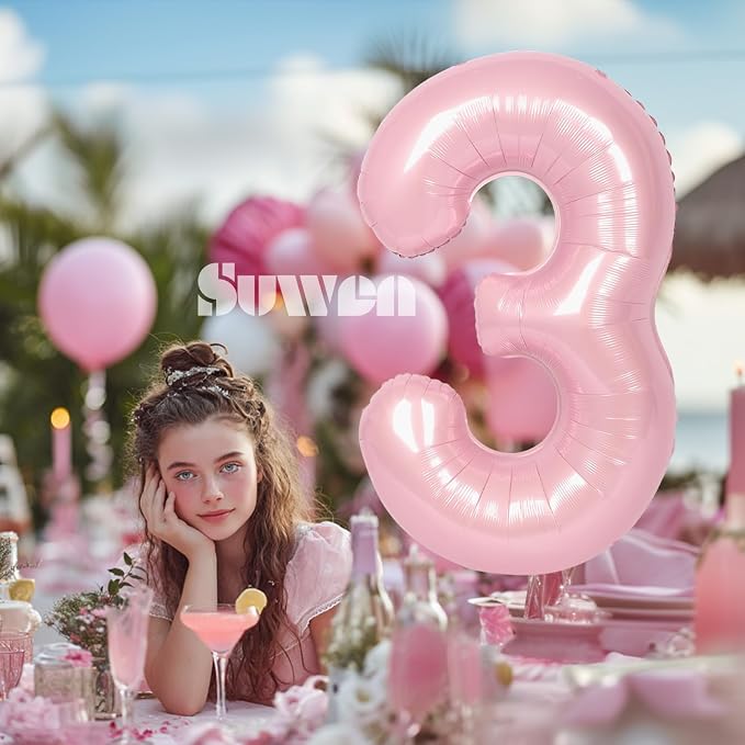 SUWEN 40 Inch Pink Large 3 Number Balloons Big Foil Helium Number Balloons 0-9 - Image 3