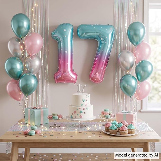 40 Inch Blue Pink Number 17 Balloon, Giant Ombre Foil 17th Birthday Decor | - Image 6