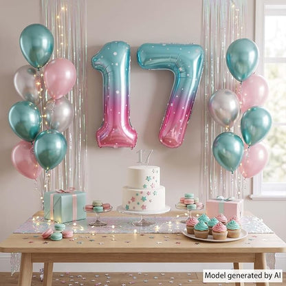 40 Inch Blue Pink Number 17 Balloon, Giant Ombre Foil 17th Birthday Decor | - Image 6
