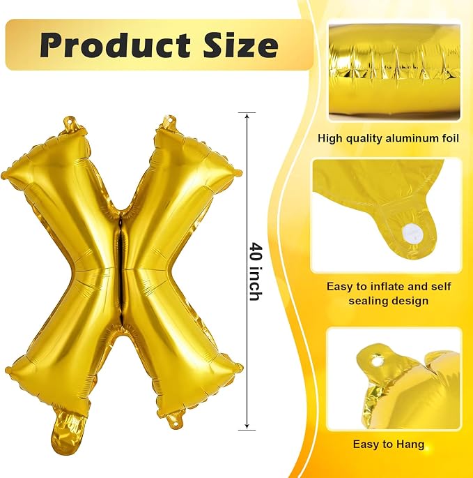 Gold Letter X Balloons, 40 Inch Large Foil Letter Balloons, Custom Phrase - Image 2