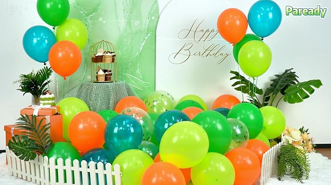 Paready Dinosaur Balloons Set, 12 Inch Helium Fruit Green Orange Blue Confetti - Image 2
