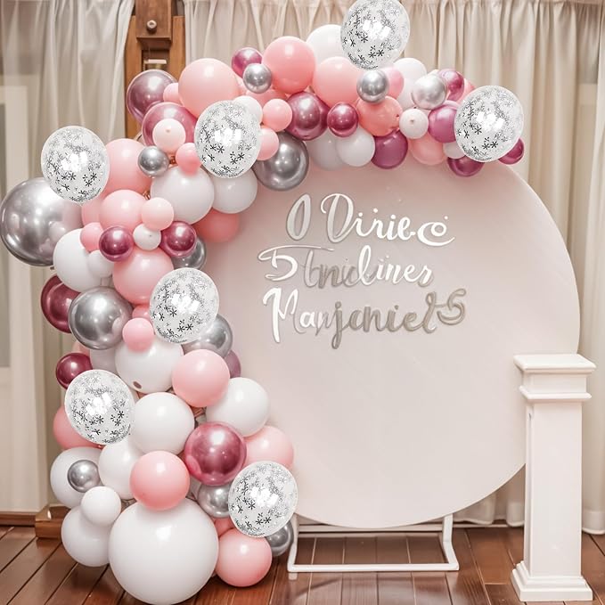 Pink Winter Wonderland Balloons, Metallic pink Silver and Snow Balloon - Image 6