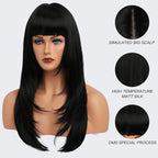 Black Wig With Bangs Long Wavy Straight Wig with Layered Hair Synthetic Heat Resistant Wigs for Women Daily Party Use 26 Inches