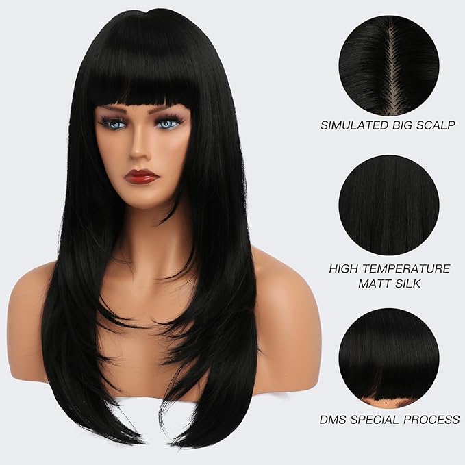 Black Wig With Bangs Long Wavy Straight Wig with Layered Hair Synthetic Heat Resistant Wigs for Women Daily Party Use 26 Inches
