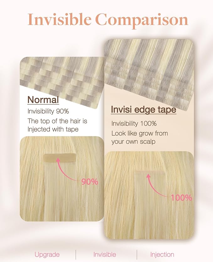 GOO GOO Invisi Edge Tape in Hair Extensions Human Hair, 17/22/60 Balayage Ash Blonde to Golden Blonde and Platinum Blonde, 20pcs 14inch 50g, Virgin Remy Hair, Seamless Injected Tape, Natural Look