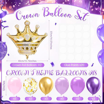 Seematn 2 Set Princess Balloon Stand Kits Purple Gold Crown Balloons Sticks - Image 2