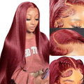 Burgundy Wig Human Hair 32inch 13x6 HD Transparent Lace Straight 99J Red Human Hair Wig Colored Reddish Brown Lace Frontal Wigs 180% Density Pre Plucked